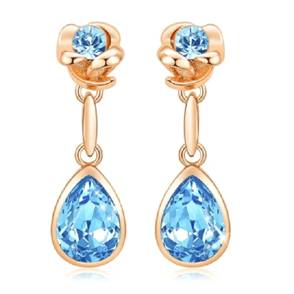 Crystal Rose Flower Gold Drop Dangling Earrings