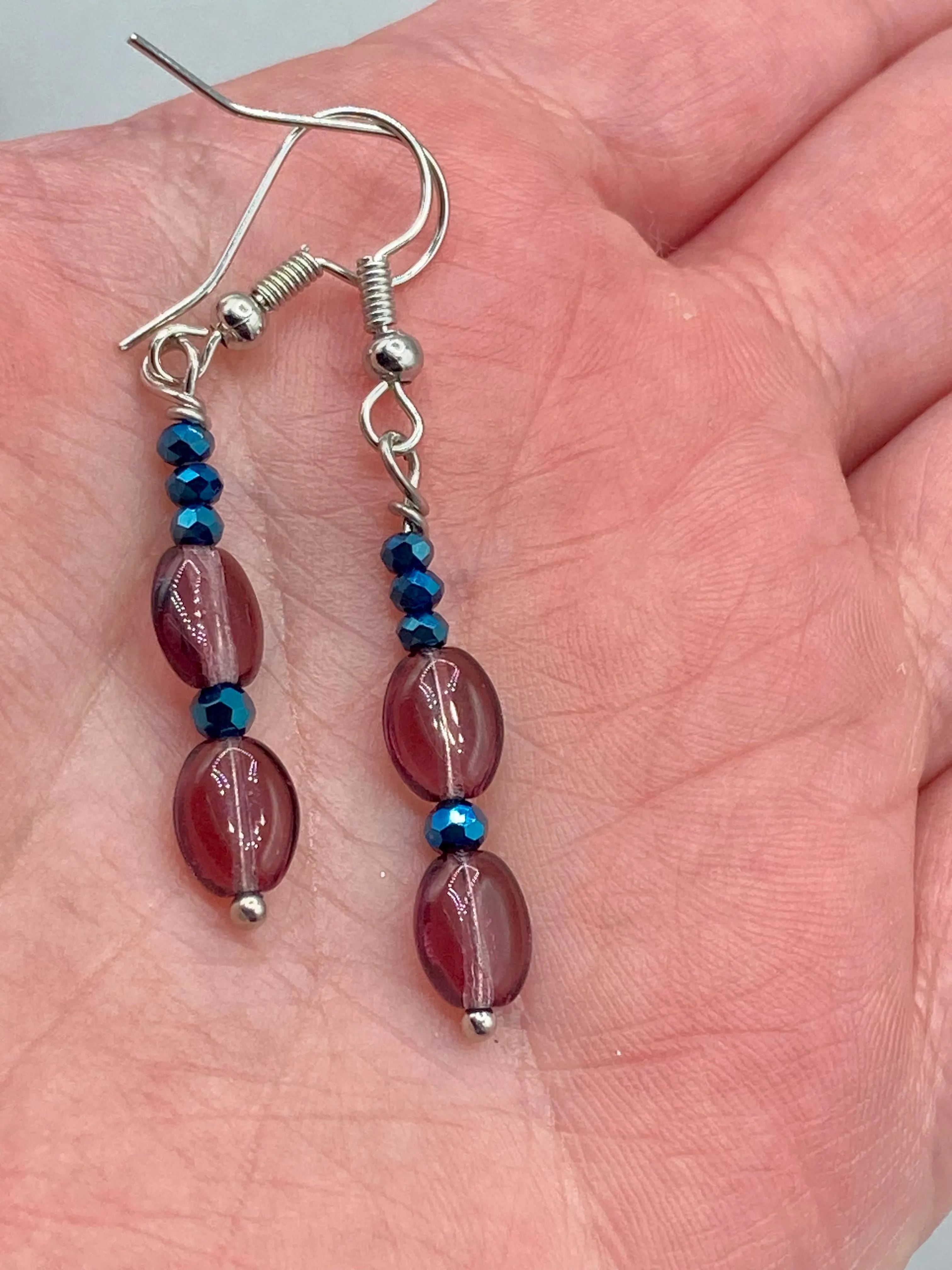 Dainty Light Purple And Dark Blue Beaded Earrings, Shabby Chic, Boho Chic