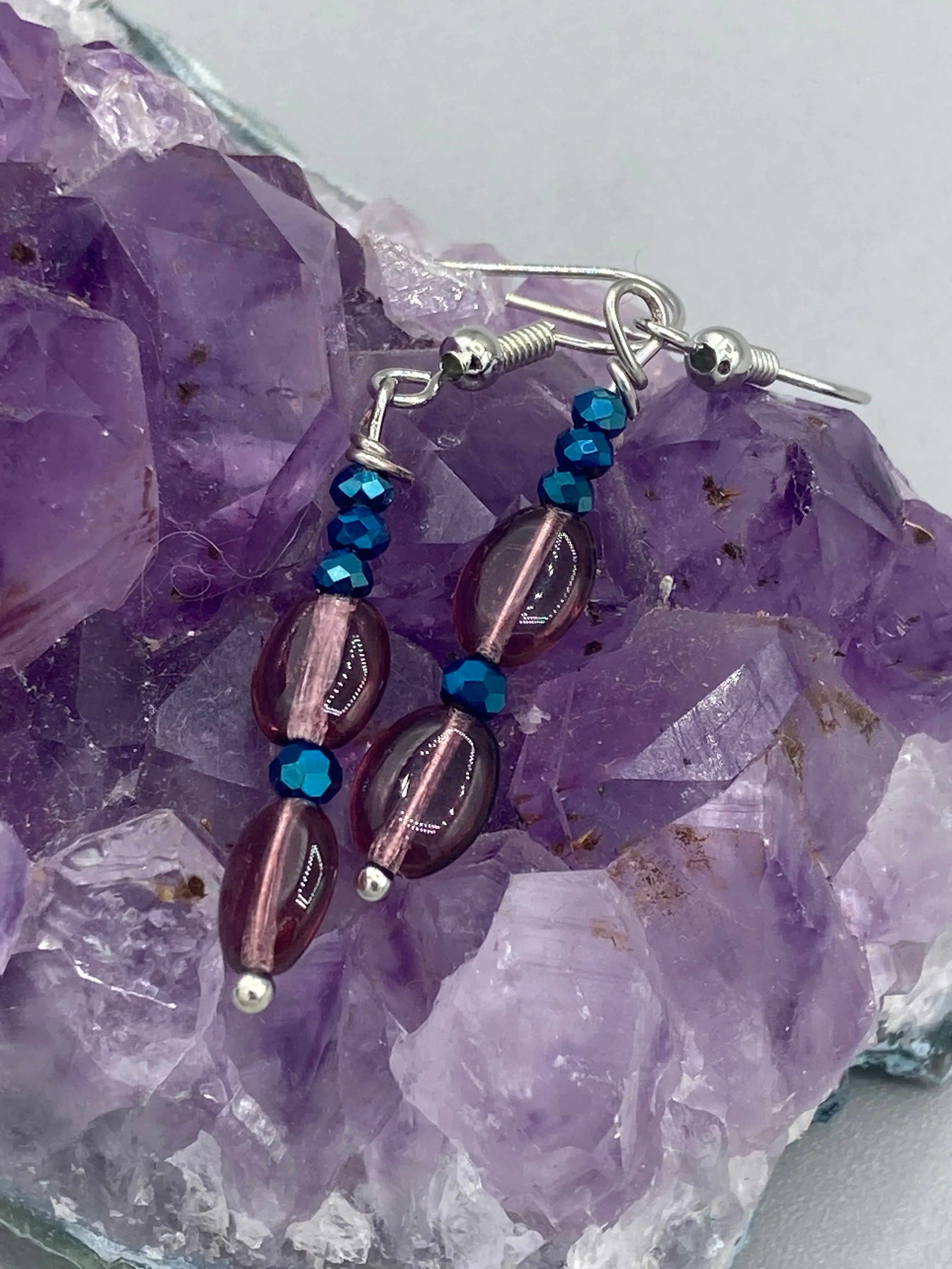 Dainty Light Purple And Dark Blue Beaded Earrings, Shabby Chic, Boho Chic