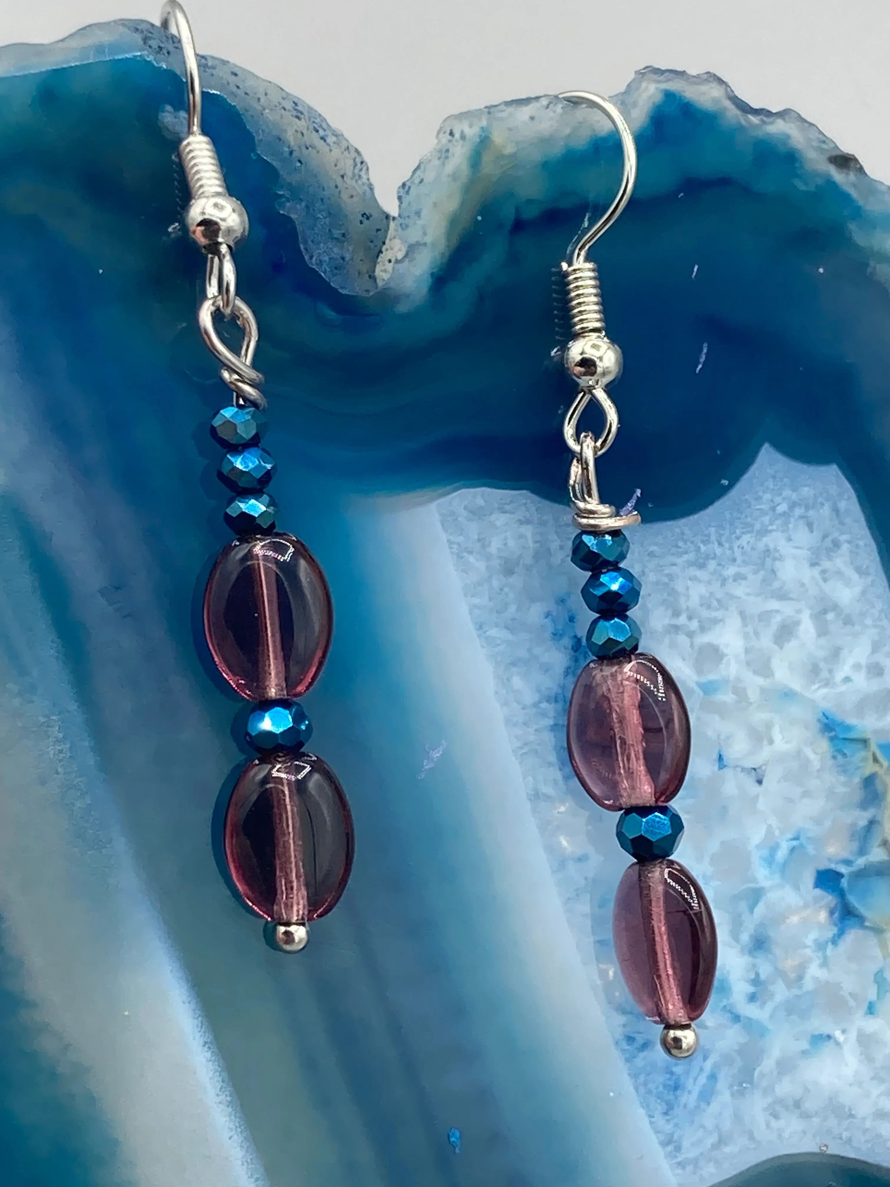 Dainty Light Purple And Dark Blue Beaded Earrings, Shabby Chic, Boho Chic