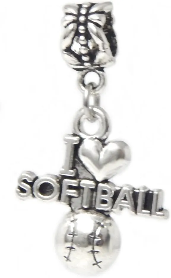 Dangle I Love Softball Charm Bead for Charms Bracelets