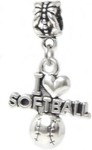 Dangle I Love Softball Charm Bead for Charms Bracelets