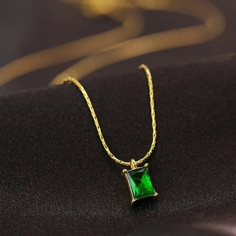 Delicate Green Cubic Zirconia Ladies Charm Elegant Stylish Stainless Steel Clavicle Necklace