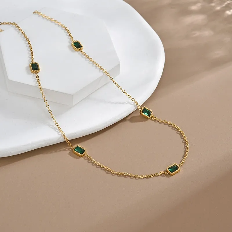 Delicate Green Cubic Zirconia Ladies Charm Elegant Stylish Stainless Steel Clavicle Necklace