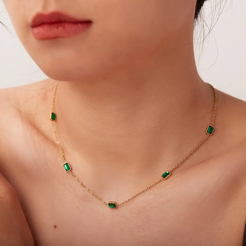 Delicate Green Cubic Zirconia Ladies Charm Elegant Stylish Stainless Steel Clavicle Necklace