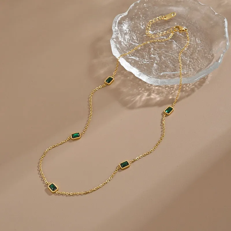 Delicate Green Cubic Zirconia Ladies Charm Elegant Stylish Stainless Steel Clavicle Necklace