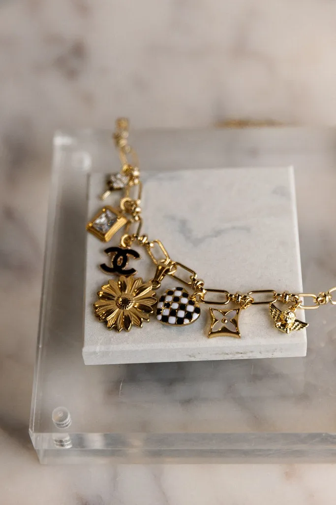 .Designer Charm Necklace, Black/White/Gold
