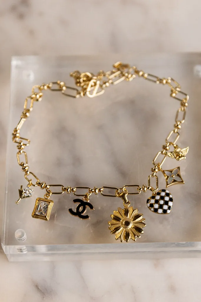 .Designer Charm Necklace, Black/White/Gold