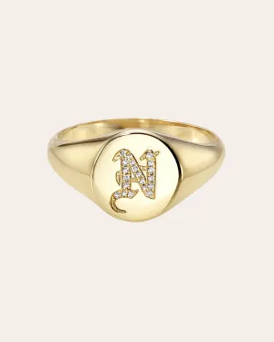 Diamond Gothic Initial Small Signet Ring