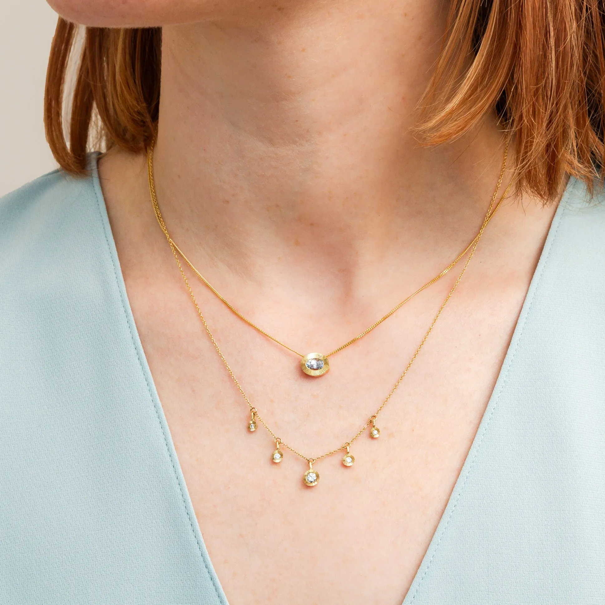 East-West Oval Aurora Necklace with Silver Montana Sapphire in Yellow Gold