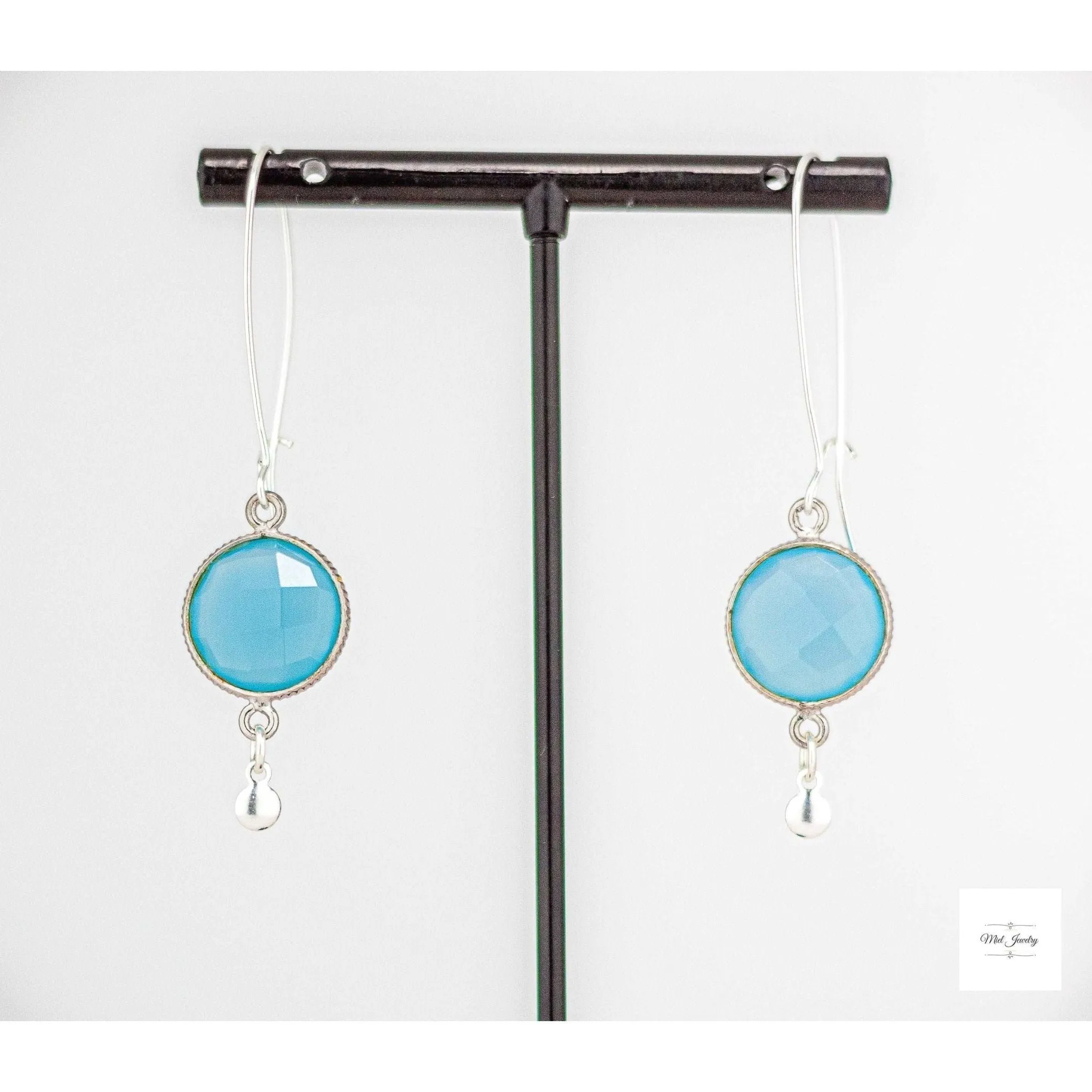Elegant Blue Chalcedony Long Silver Drop Earrings