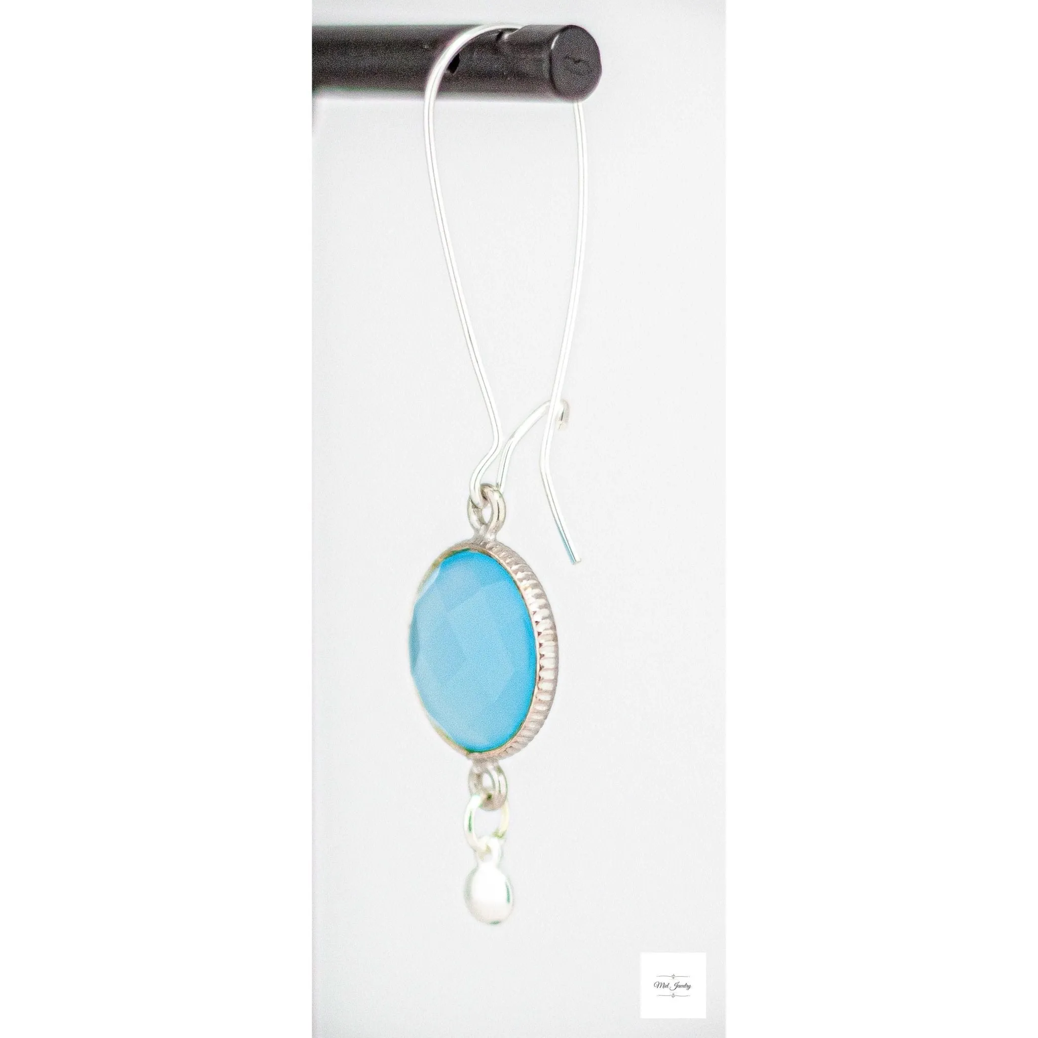 Elegant Blue Chalcedony Long Silver Drop Earrings