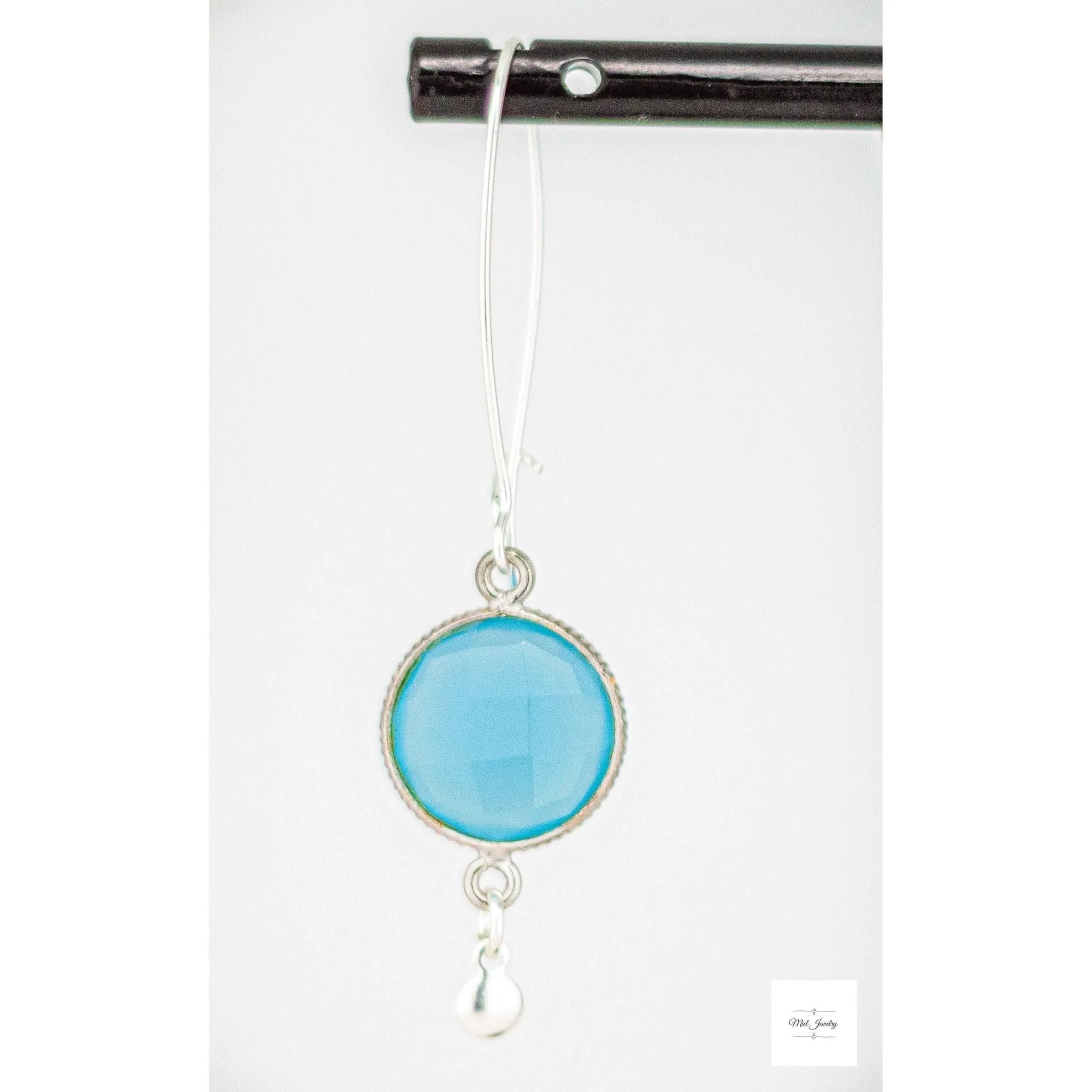 Elegant Blue Chalcedony Long Silver Drop Earrings