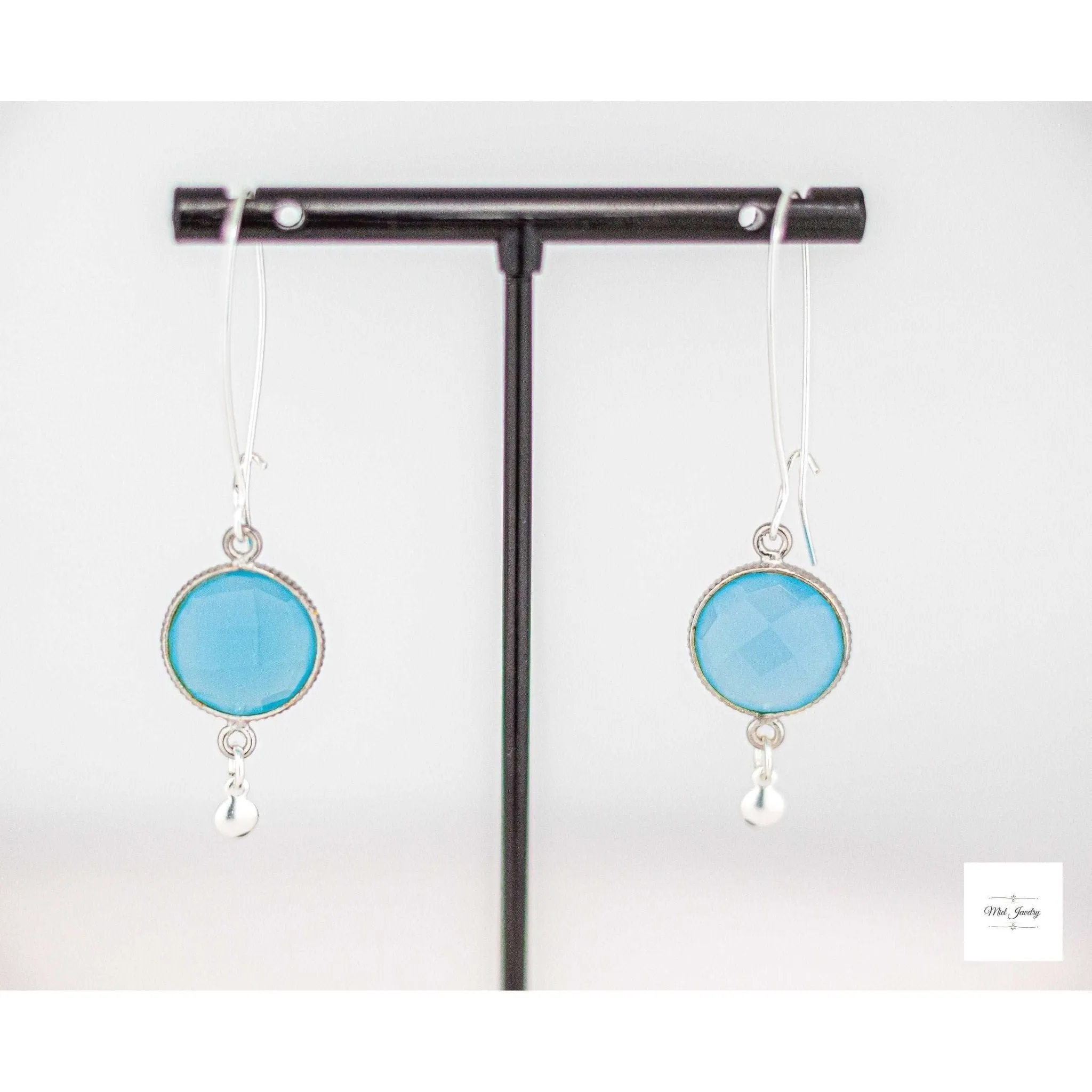 Elegant Blue Chalcedony Long Silver Drop Earrings