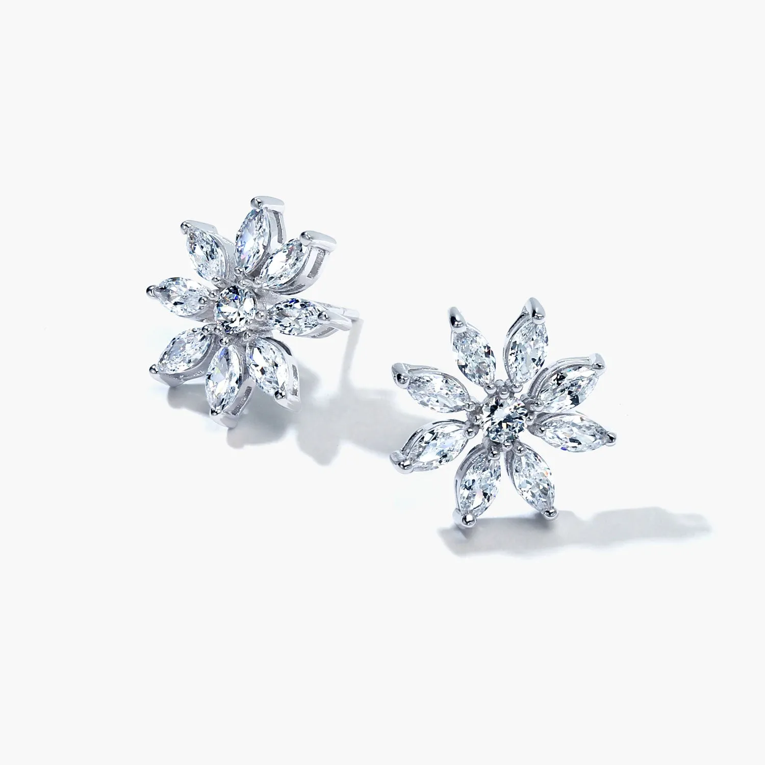 Elegant Bridal Holiday Snowflake Flower Marquise CZ Stud Earrings Silver