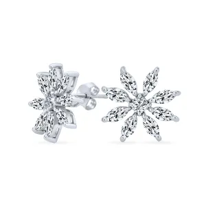 Elegant Bridal Holiday Snowflake Flower Marquise CZ Stud Earrings Silver Elegant Bridal Holiday Snowflake Flower Marquise CZ Stud Earrings Silver