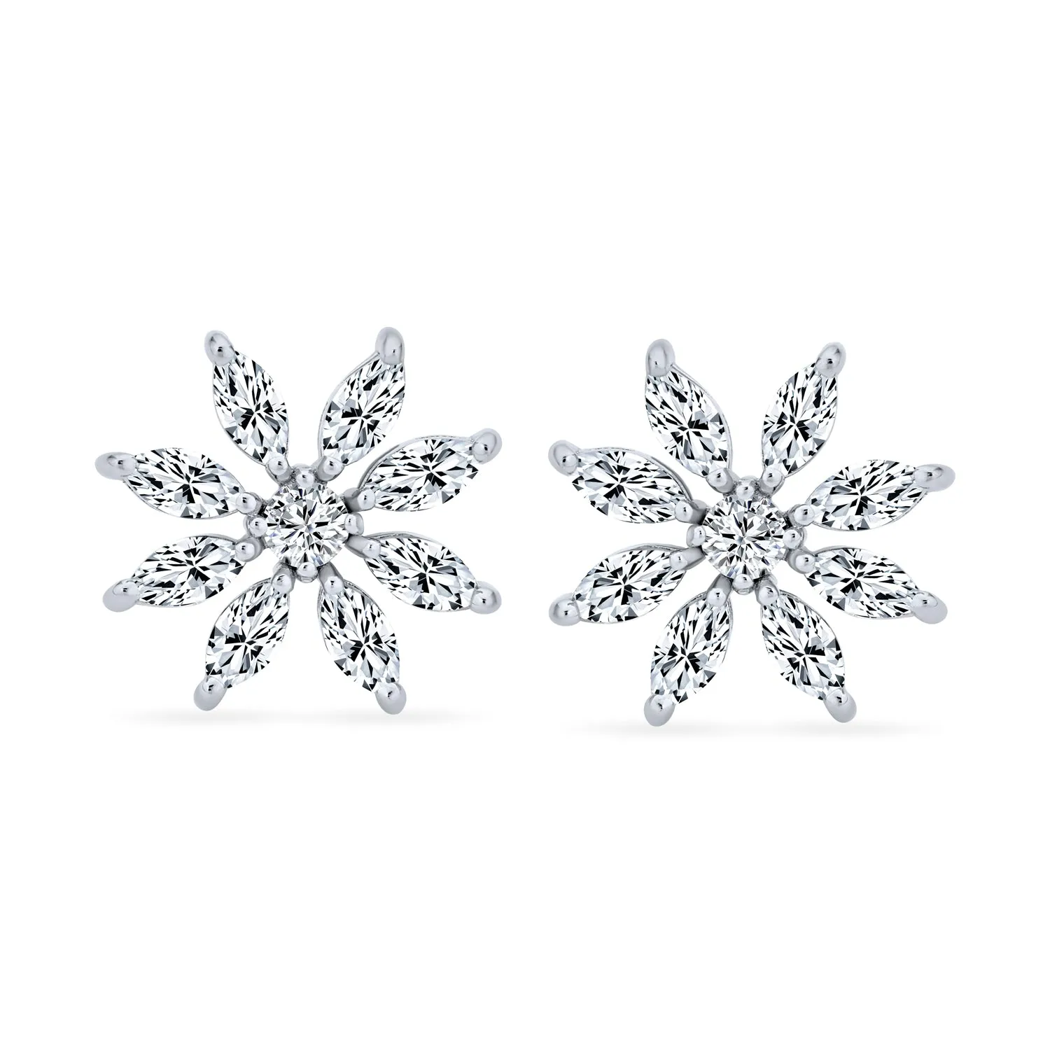 Elegant Bridal Holiday Snowflake Flower Marquise CZ Stud Earrings Silver