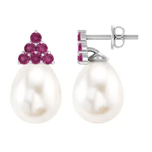 Elegant Drop Shape White Pearl Drop Earrings with Tourmaline