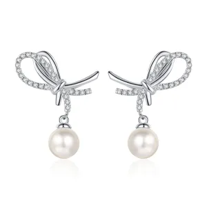 Elegant Moissanite Bow Pearl Stud Earrings