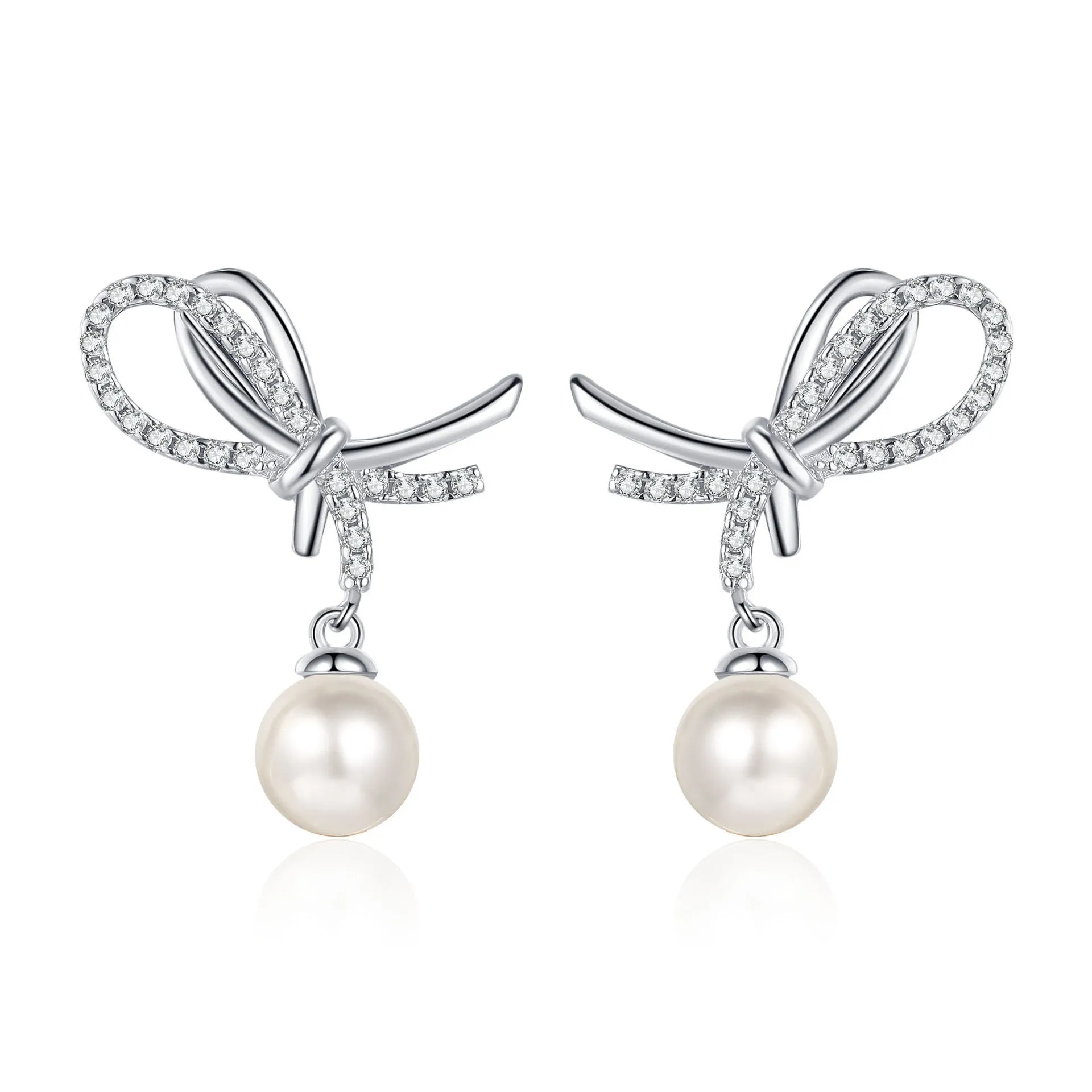 Elegant Moissanite Bow Pearl Stud Earrings