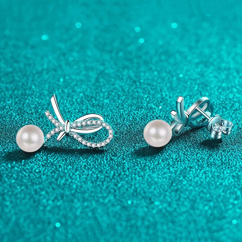 Elegant Moissanite Bow Pearl Stud Earrings