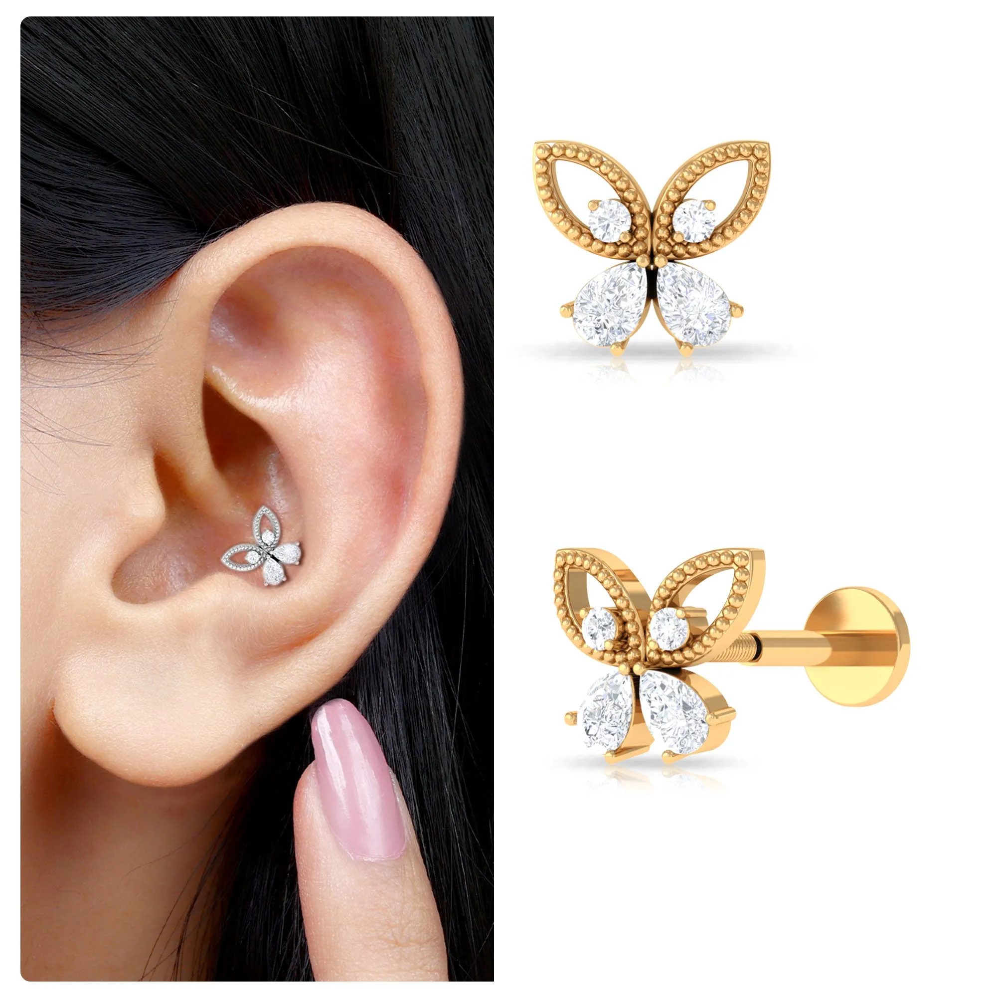 Elegant Pear Moissanite Butterfly Cartilage Earring