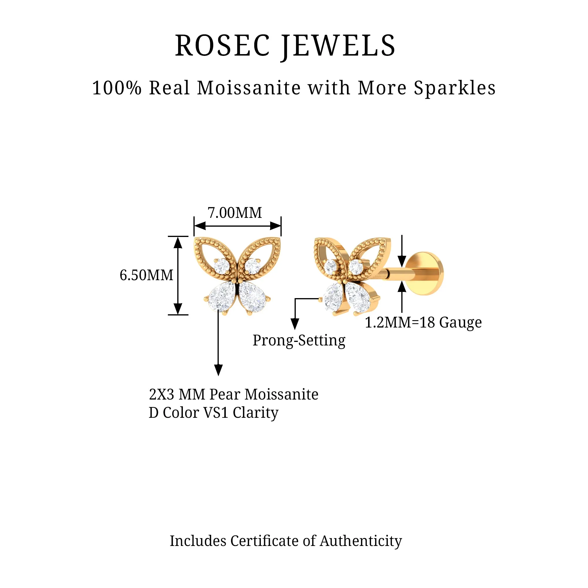 Elegant Pear Moissanite Butterfly Cartilage Earring