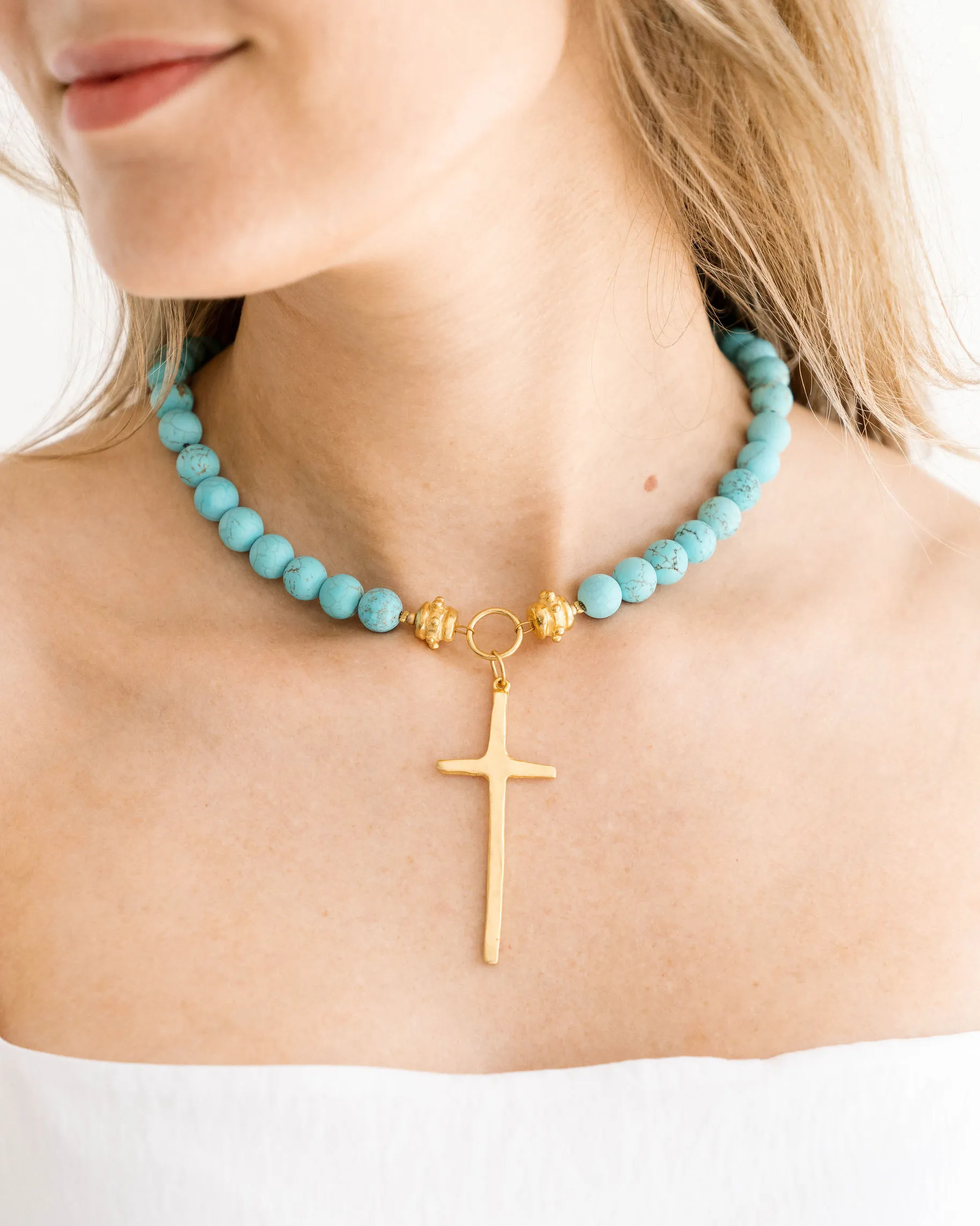 Elongated Cross Matte Turquoise Necklace
