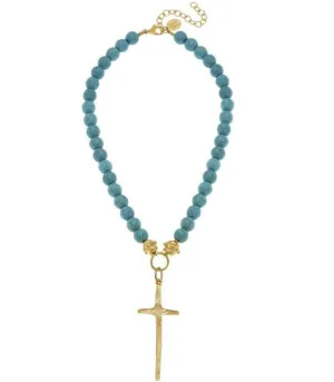 Elongated Cross Matte Turquoise Necklace