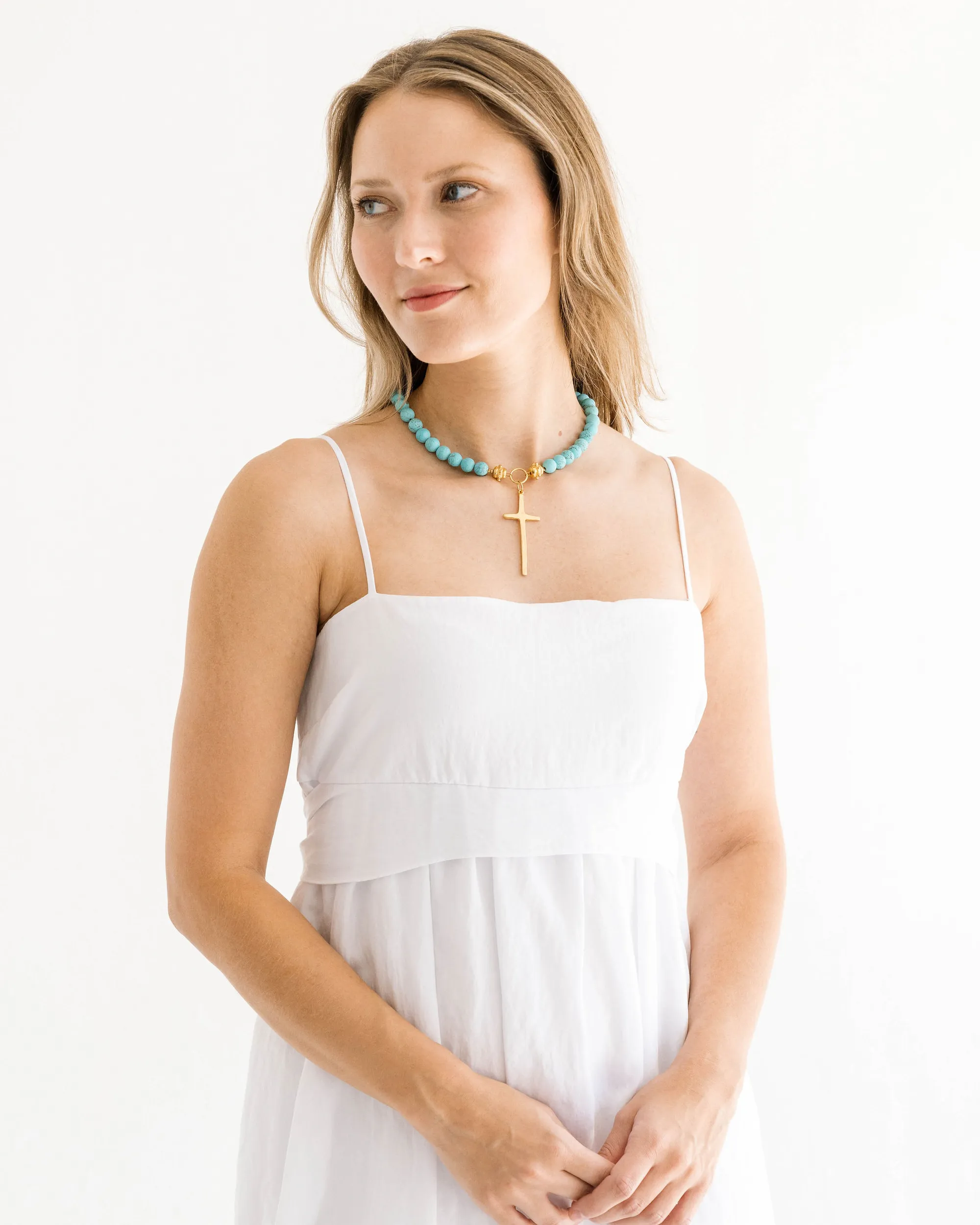 Elongated Cross Matte Turquoise Necklace