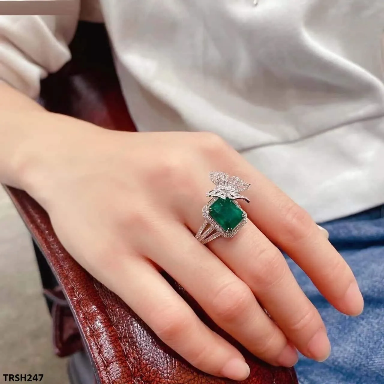 Emerald Zircon Butterfly Adjustable Ring