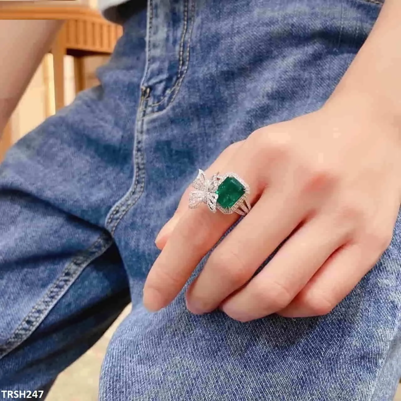Emerald Zircon Butterfly Adjustable Ring