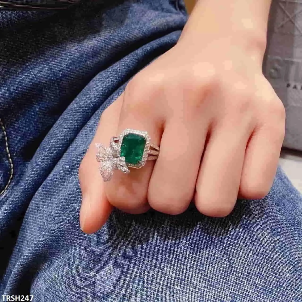 Emerald Zircon Butterfly Adjustable Ring