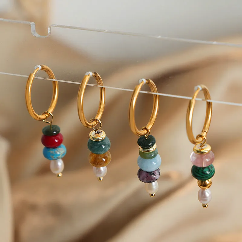 European Chic Stone Bead Pendant Earrings in Gold for Women's Jewelry