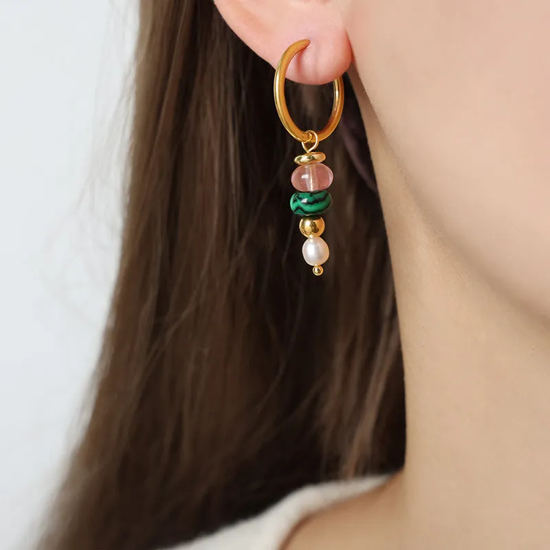 European Chic Stone Bead Pendant Earrings in Gold for Women's Jewelry