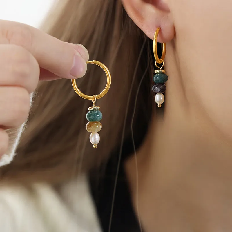 European Chic Stone Bead Pendant Earrings in Gold for Women's Jewelry