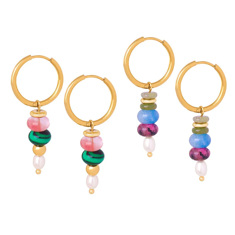 European Chic Stone Bead Pendant Earrings in Gold for Women's Jewelry