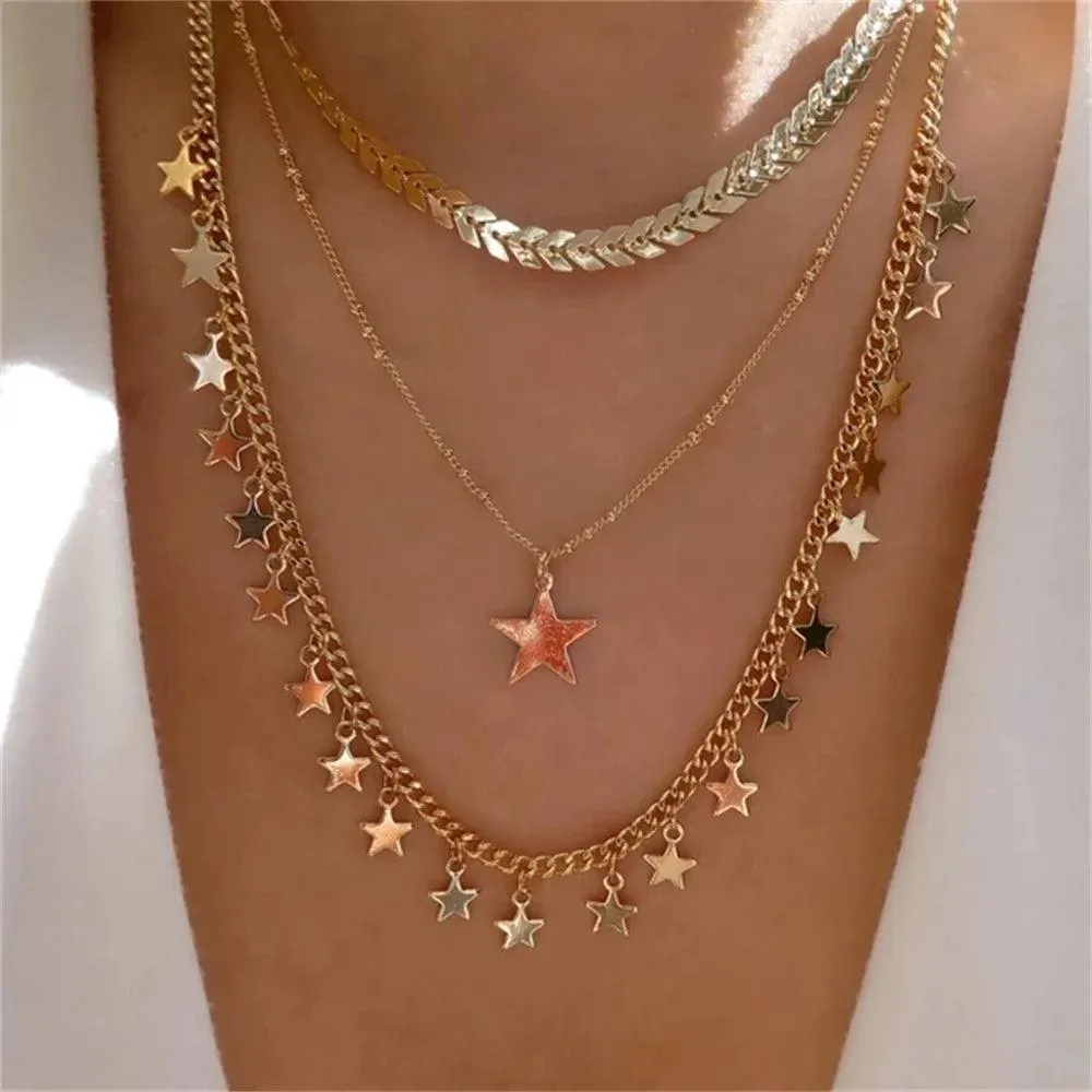 Fashion Gold Colour Heart-Shaped Necklaces For Women Girls - Trendy Multi-Layer Pendant Necklaces Sets
