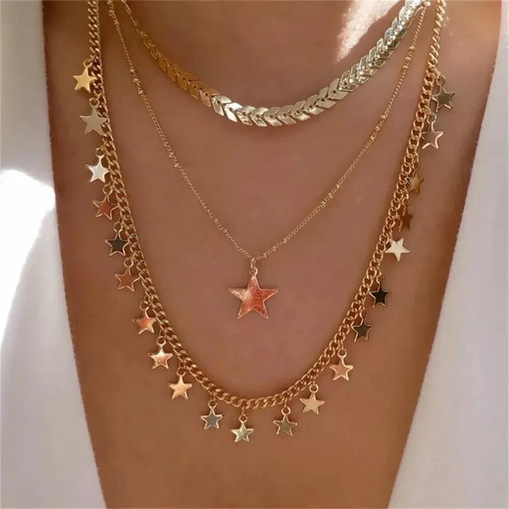 Fashion Gold Colour Heart-Shaped Necklaces For Women Girls - Trendy Multi-Layer Pendant Necklaces Sets