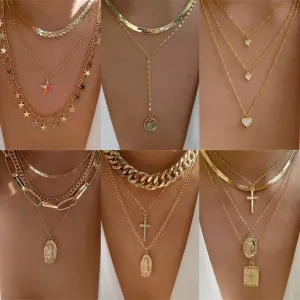Fashion Gold Colour Heart-Shaped Necklaces For Women Girls - Trendy Multi-Layer Pendant Necklaces Sets