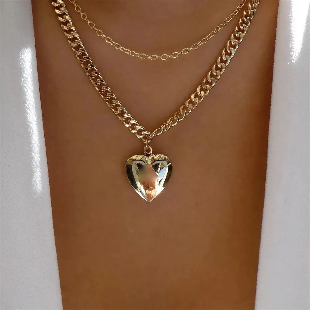 Fashion Gold Colour Heart-Shaped Necklaces For Women Girls - Trendy Multi-Layer Pendant Necklaces Sets
