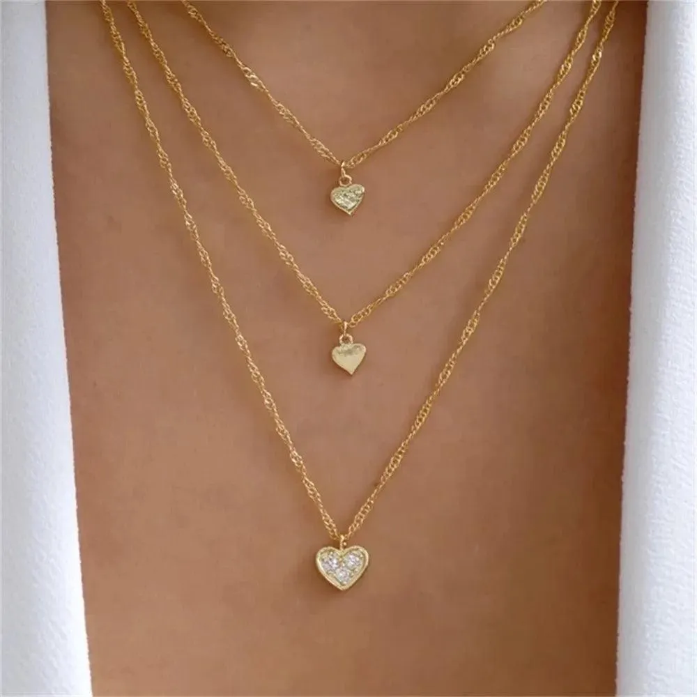 Fashion Gold Colour Heart-Shaped Necklaces For Women Girls - Trendy Multi-Layer Pendant Necklaces Sets