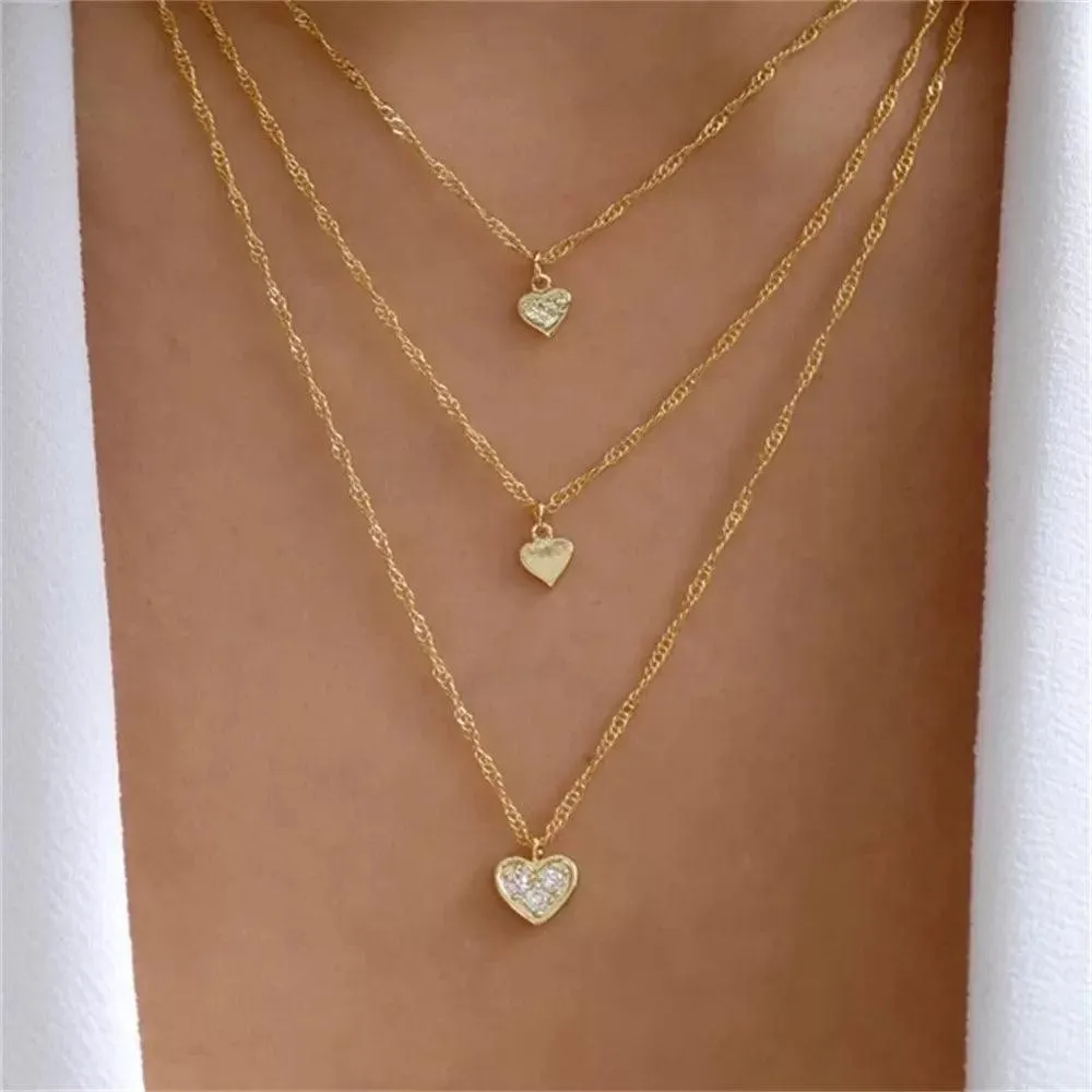 Fashion Gold Colour Heart-Shaped Necklaces For Women Girls - Trendy Multi-Layer Pendant Necklaces Sets