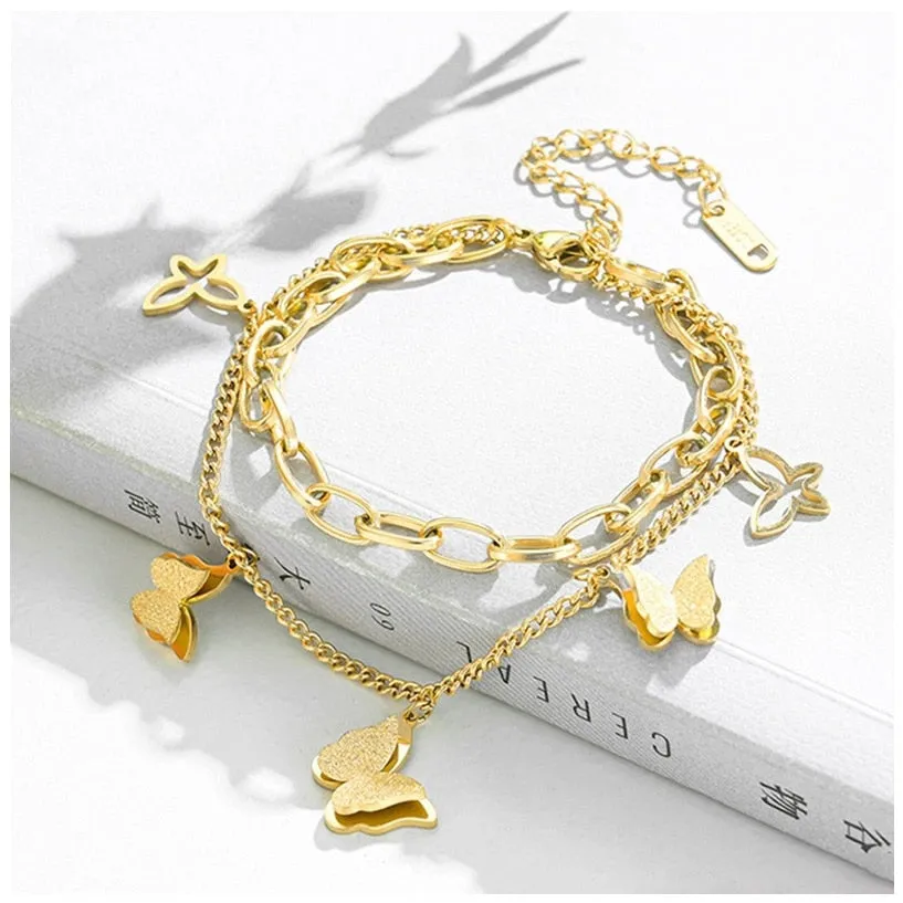 Fashion Multi-element 2 Layer Butterfly Thick Chain Bracelets