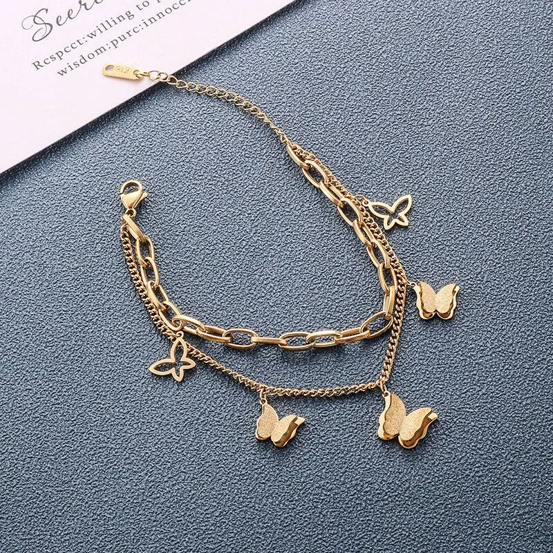 Fashion Multi-element 2 Layer Butterfly Thick Chain Bracelets
