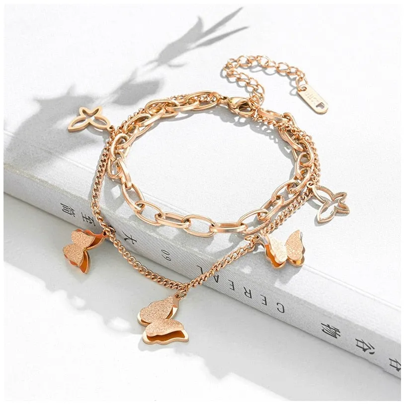 Fashion Multi-element 2 Layer Butterfly Thick Chain Bracelets
