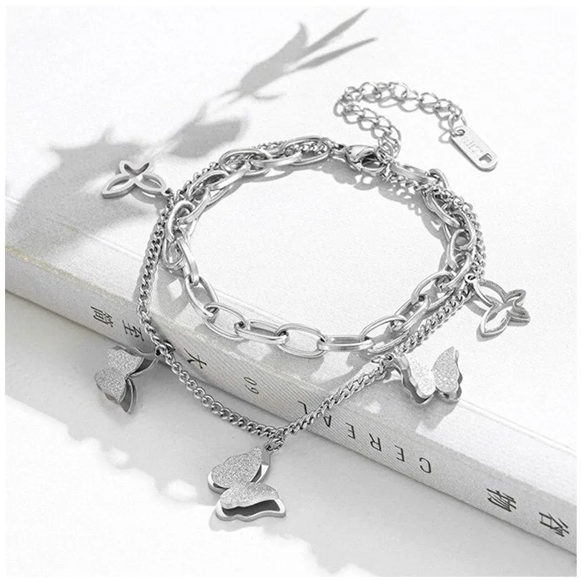 Fashion Multi-element 2 Layer Butterfly Thick Chain Bracelets