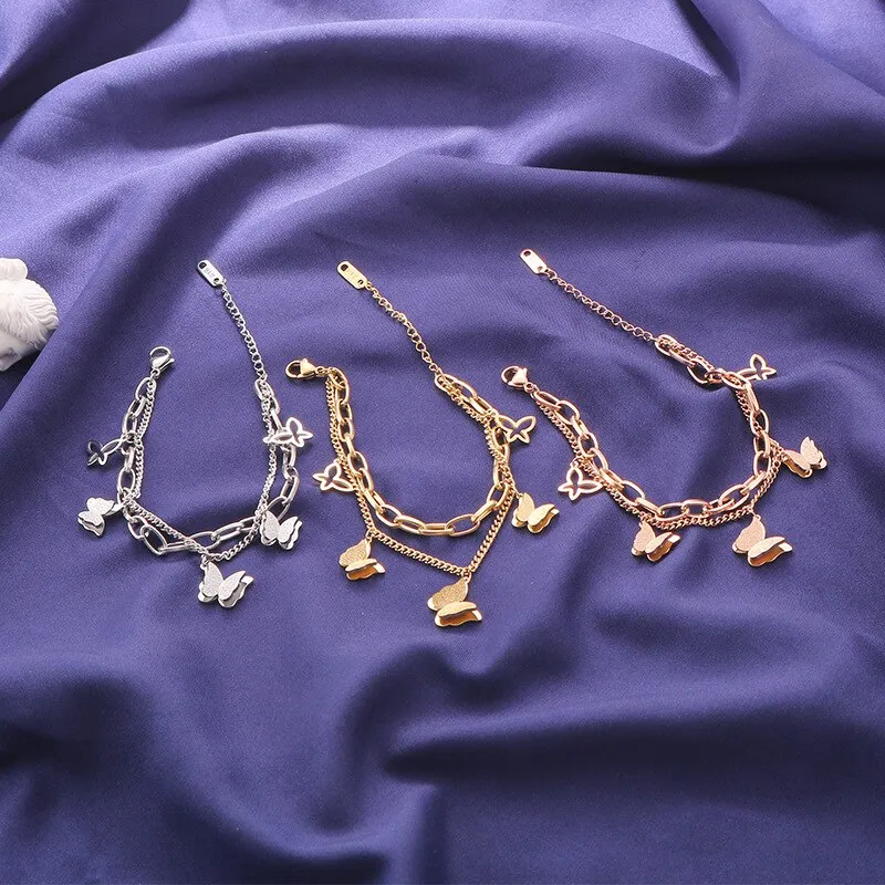 Fashion Multi-element 2 Layer Butterfly Thick Chain Bracelets