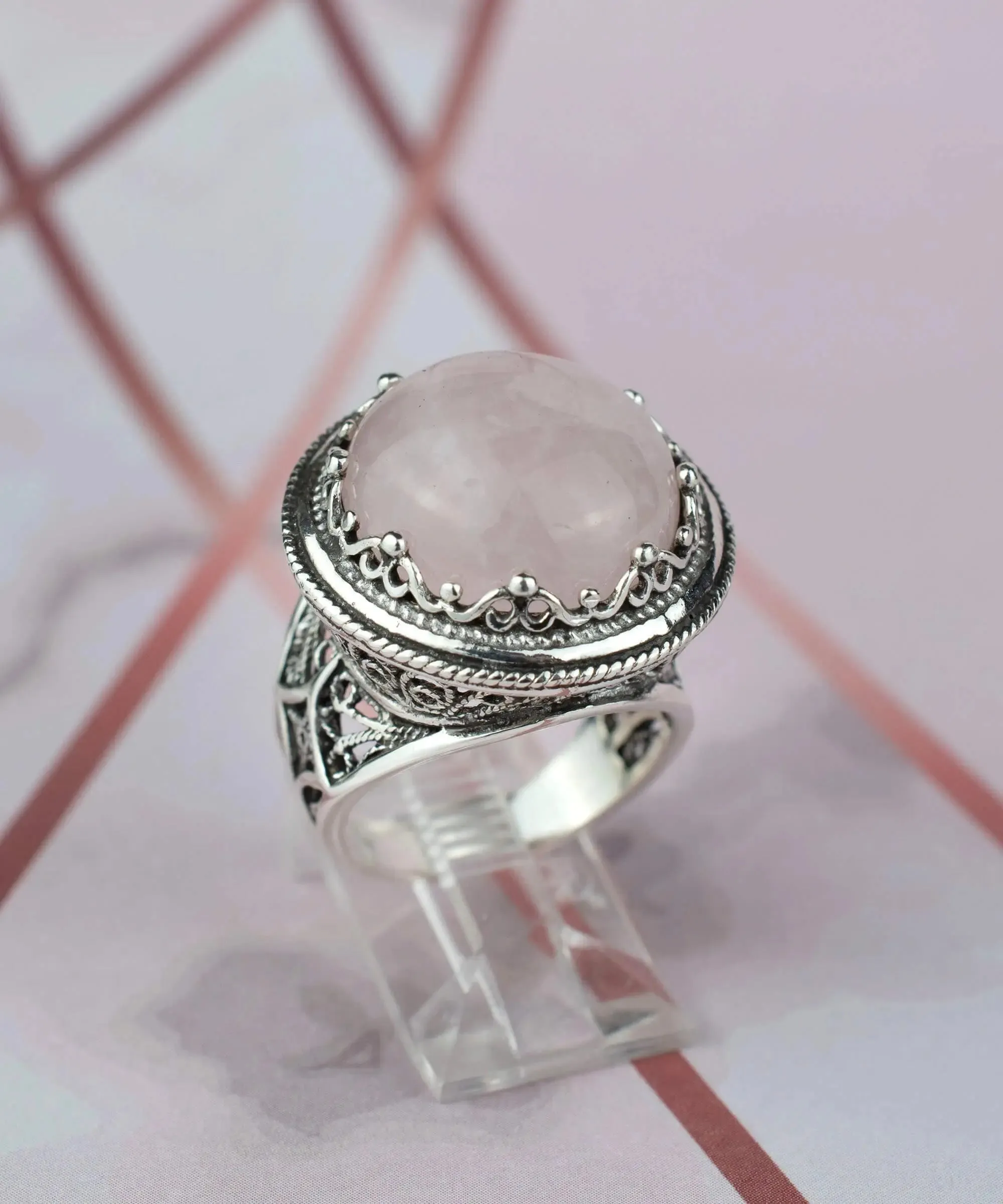 Filigree Art Rose Quartz Gemstone Women Silver Bold Statement Ring