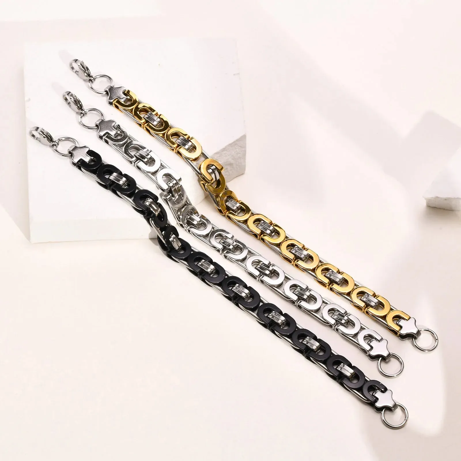 Flat Byzantine Bracelets for Men, Waterproof Stainless Steel Chain Link Wristband